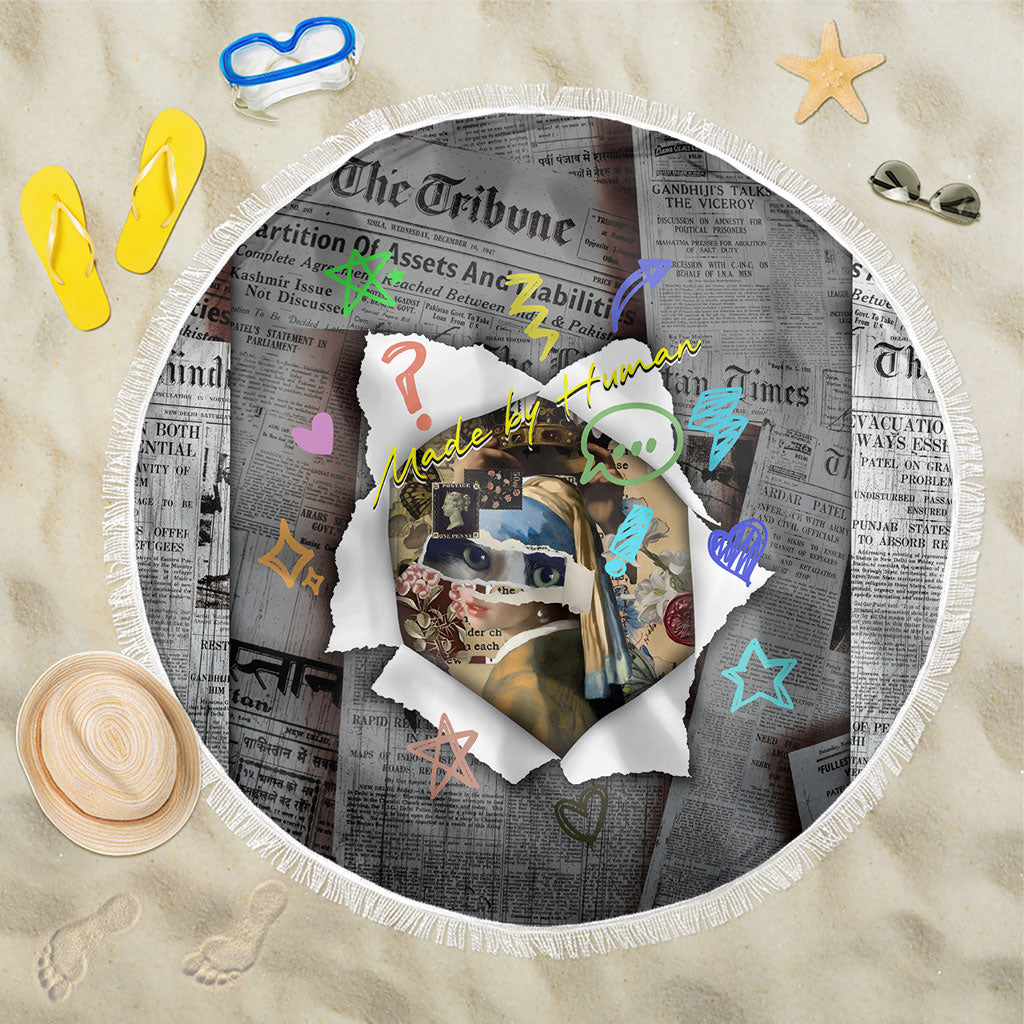 Cat Girl With A Pearl Earring Newspaper Beach Blanket Made By Human Handmade Mixed Media Pop Art