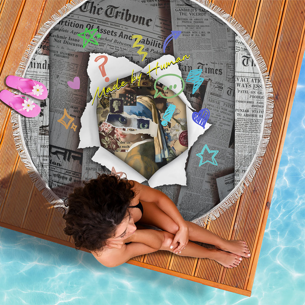 Cat Girl With A Pearl Earring Newspaper Beach Blanket Made By Human Handmade Mixed Media Pop Art