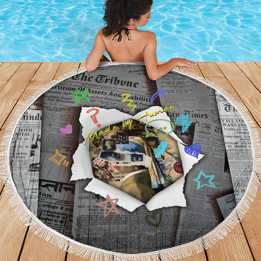 Cat Girl With A Pearl Earring Newspaper Beach Blanket Made By Human Handmade Mixed Media Pop Art