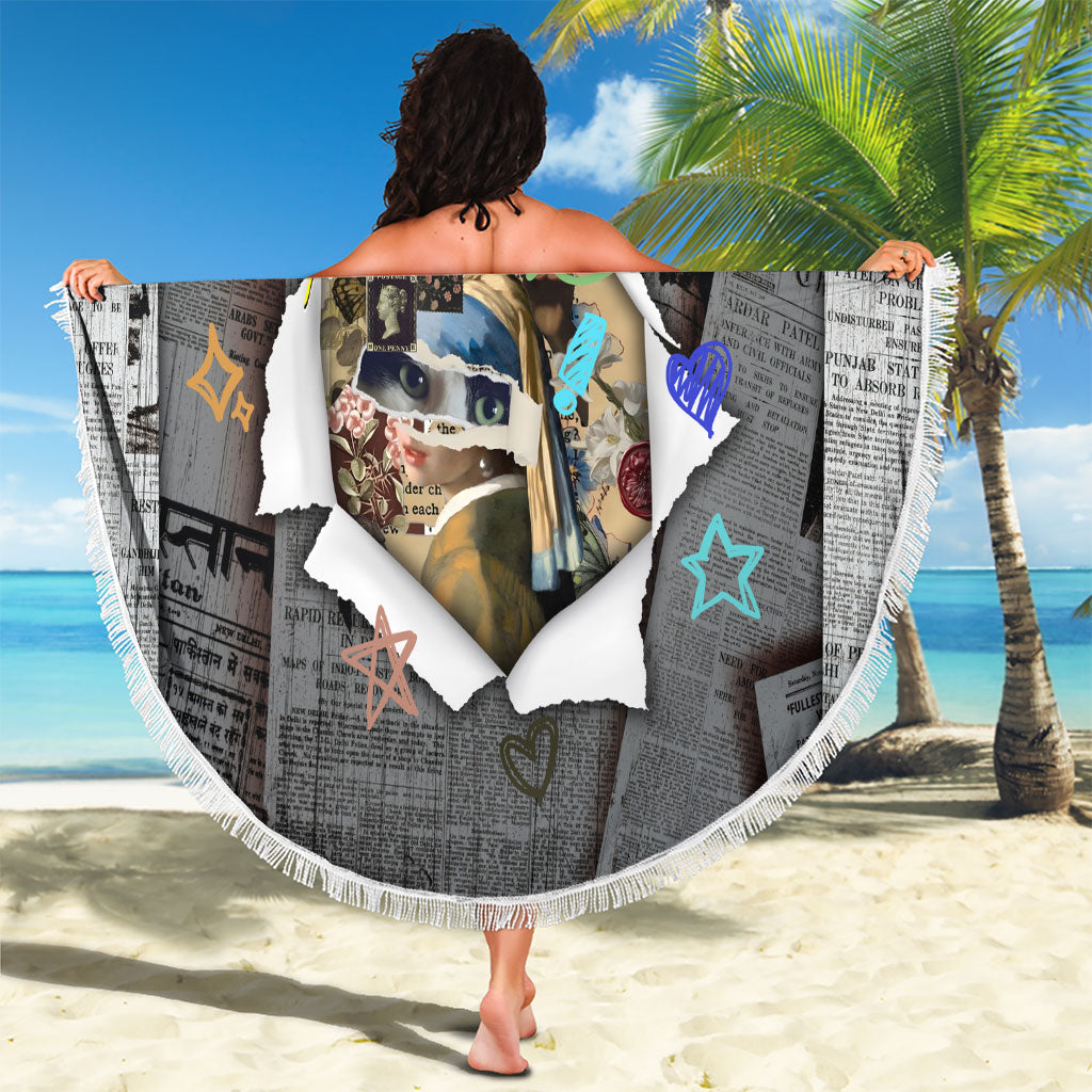 Cat Girl With A Pearl Earring Newspaper Beach Blanket Made By Human Handmade Mixed Media Pop Art