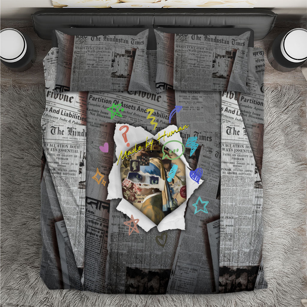 Cat Girl With A Pearl Earring Newspaper Bedding Set Made By Human Handmade Mixed Media Pop Art