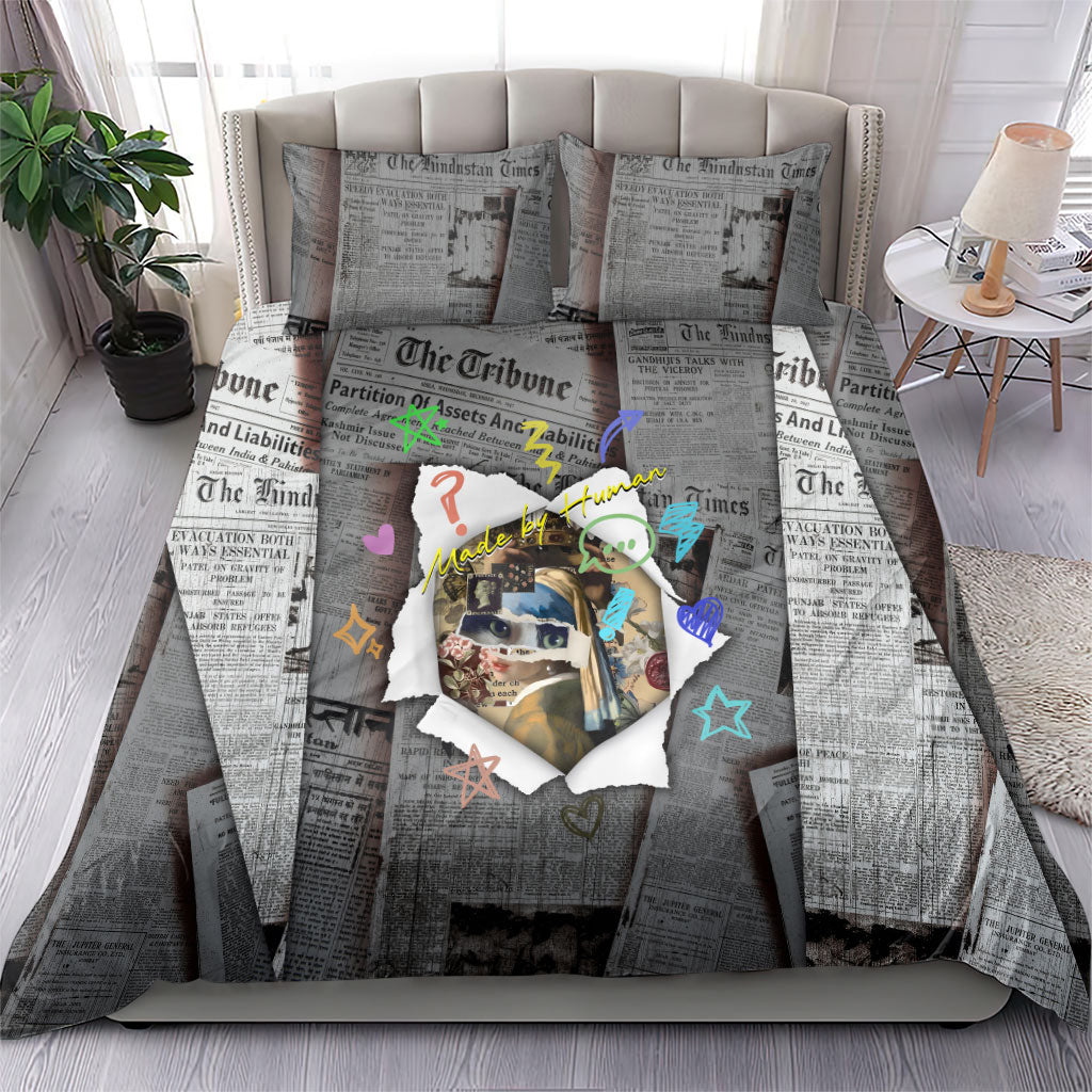 Cat Girl With A Pearl Earring Newspaper Bedding Set Made By Human Handmade Mixed Media Pop Art