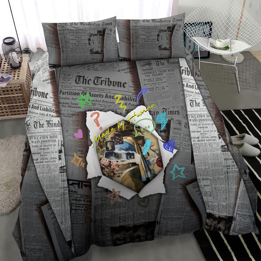Cat Girl With A Pearl Earring Newspaper Bedding Set Made By Human Handmade Mixed Media Pop Art