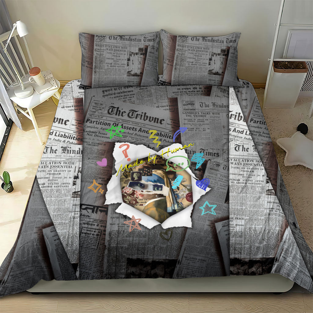 Cat Girl With A Pearl Earring Newspaper Bedding Set Made By Human Handmade Mixed Media Pop Art