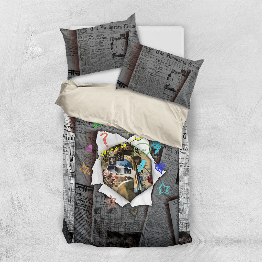 Cat Girl With A Pearl Earring Newspaper Bedding Set Made By Human Handmade Mixed Media Pop Art