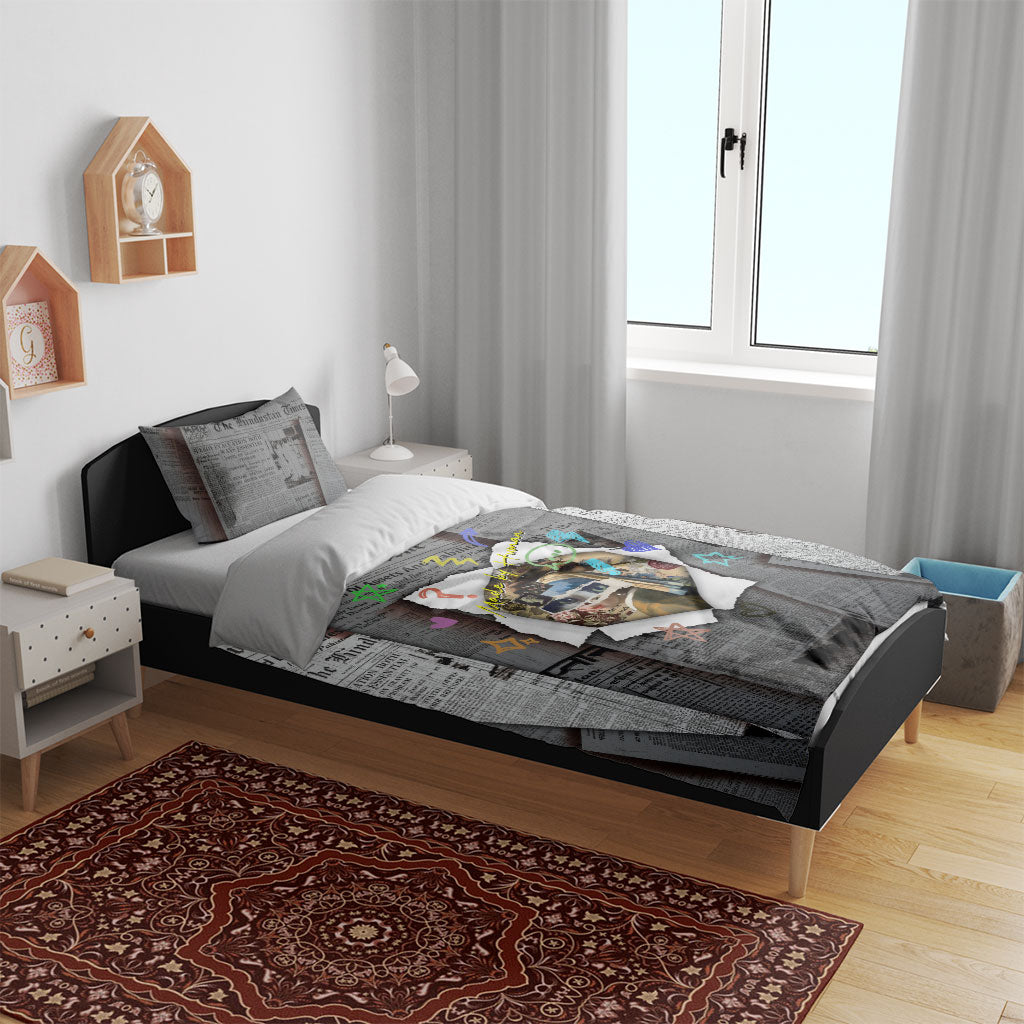 Cat Girl With A Pearl Earring Newspaper Bedding Set Made By Human Handmade Mixed Media Pop Art