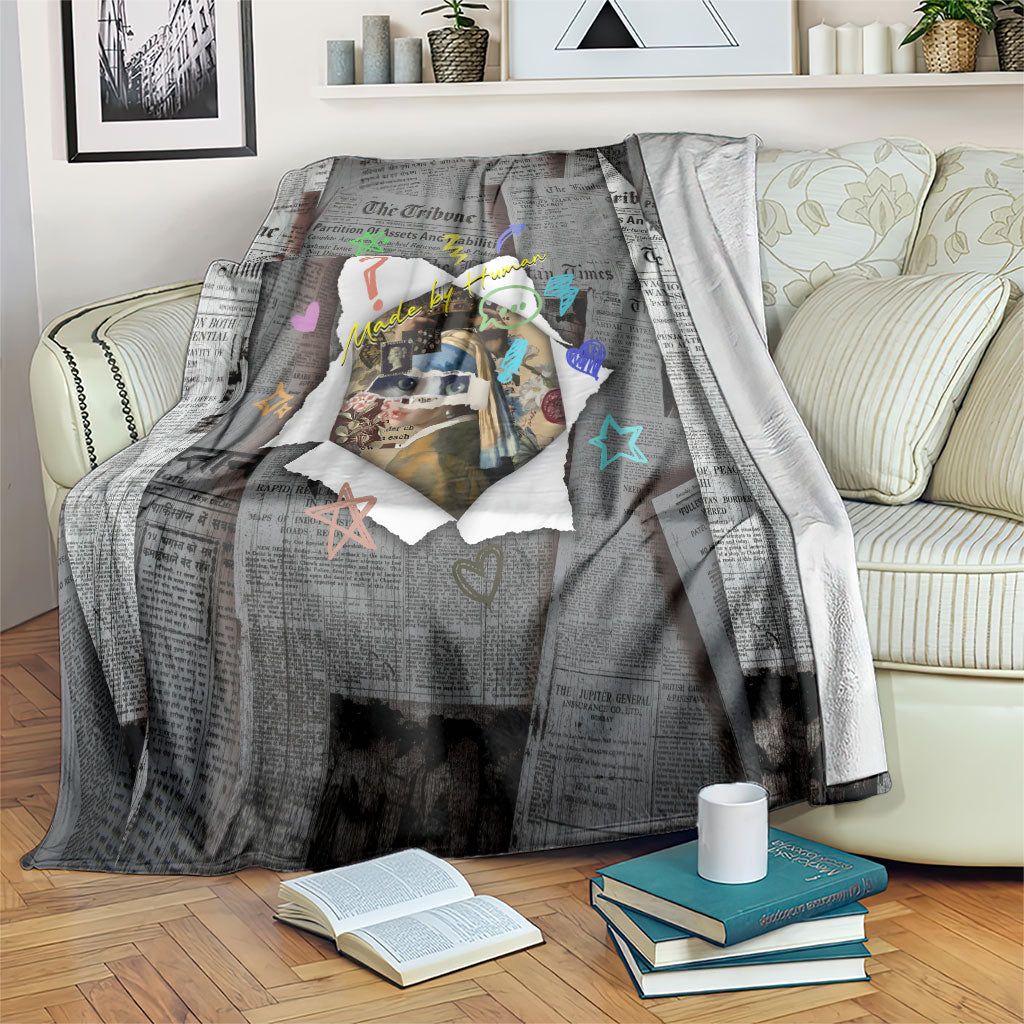 Cat Girl With A Pearl Earring Newspaper Blanket Made By Human Handmade Mixed Media Pop Art