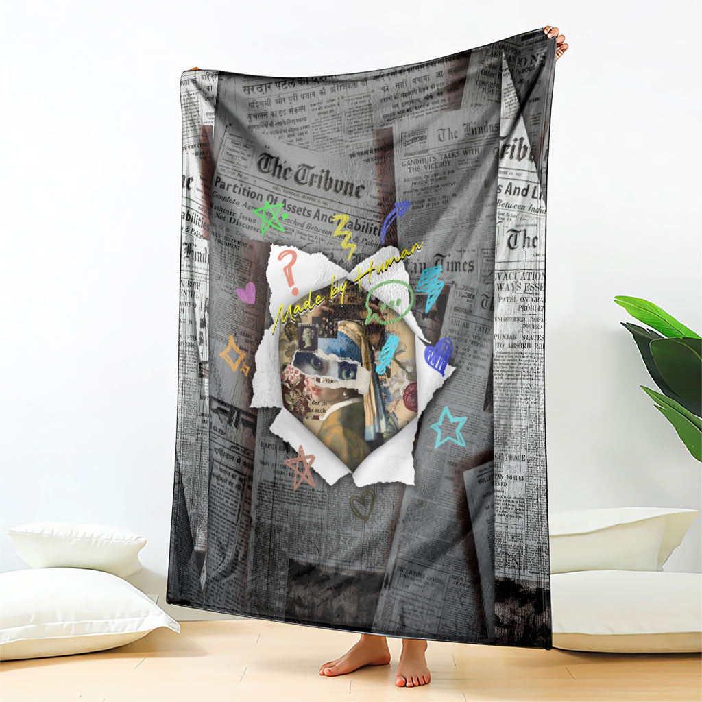 Cat Girl With A Pearl Earring Newspaper Blanket Made By Human Handmade Mixed Media Pop Art