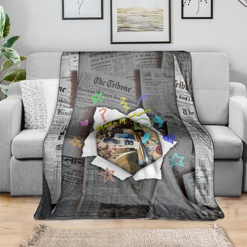 Cat Girl With A Pearl Earring Newspaper Blanket Made By Human Handmade Mixed Media Pop Art