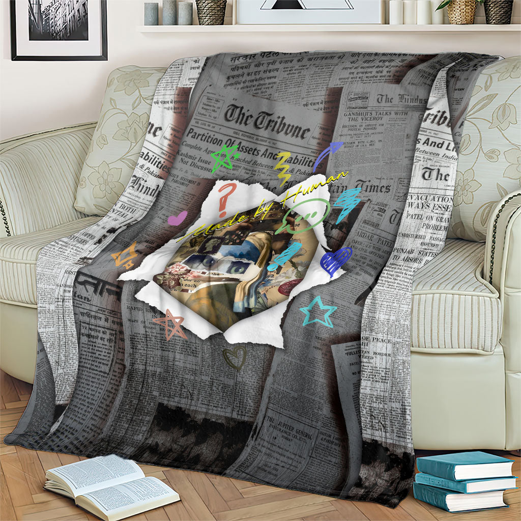 Cat Girl With A Pearl Earring Newspaper Blanket Made By Human Handmade Mixed Media Pop Art