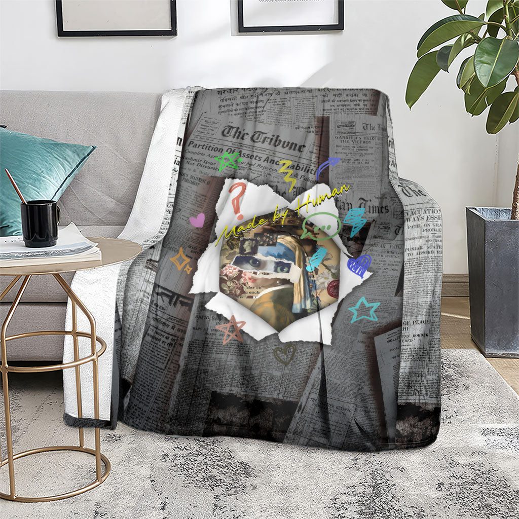 Cat Girl With A Pearl Earring Newspaper Blanket Made By Human Handmade Mixed Media Pop Art