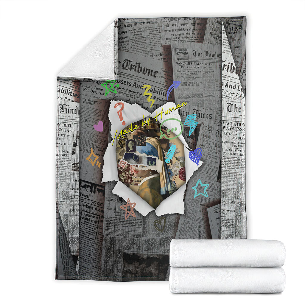 Cat Girl With A Pearl Earring Newspaper Blanket Made By Human Handmade Mixed Media Pop Art