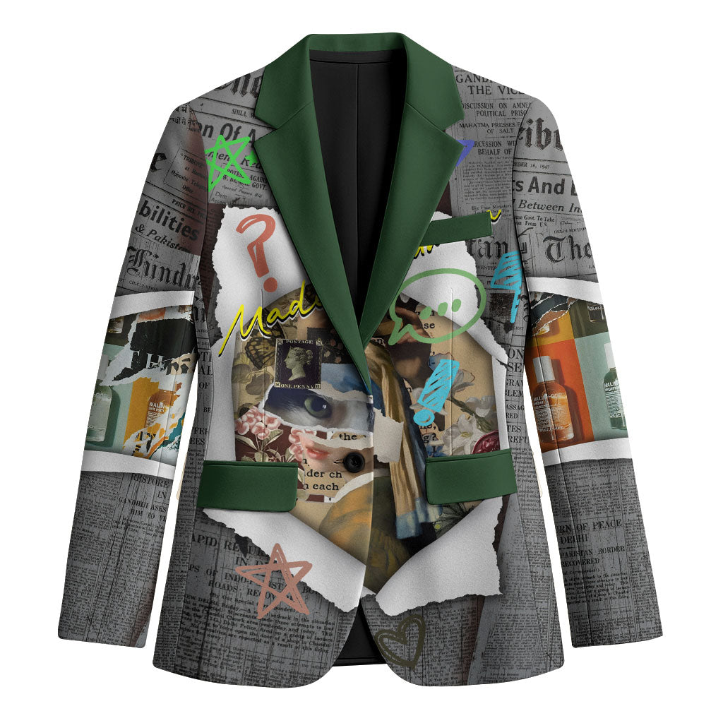 Cat Girl With A Pearl Earring Newspaper Blazer Made By Human Handmade Mixed Media Pop Art