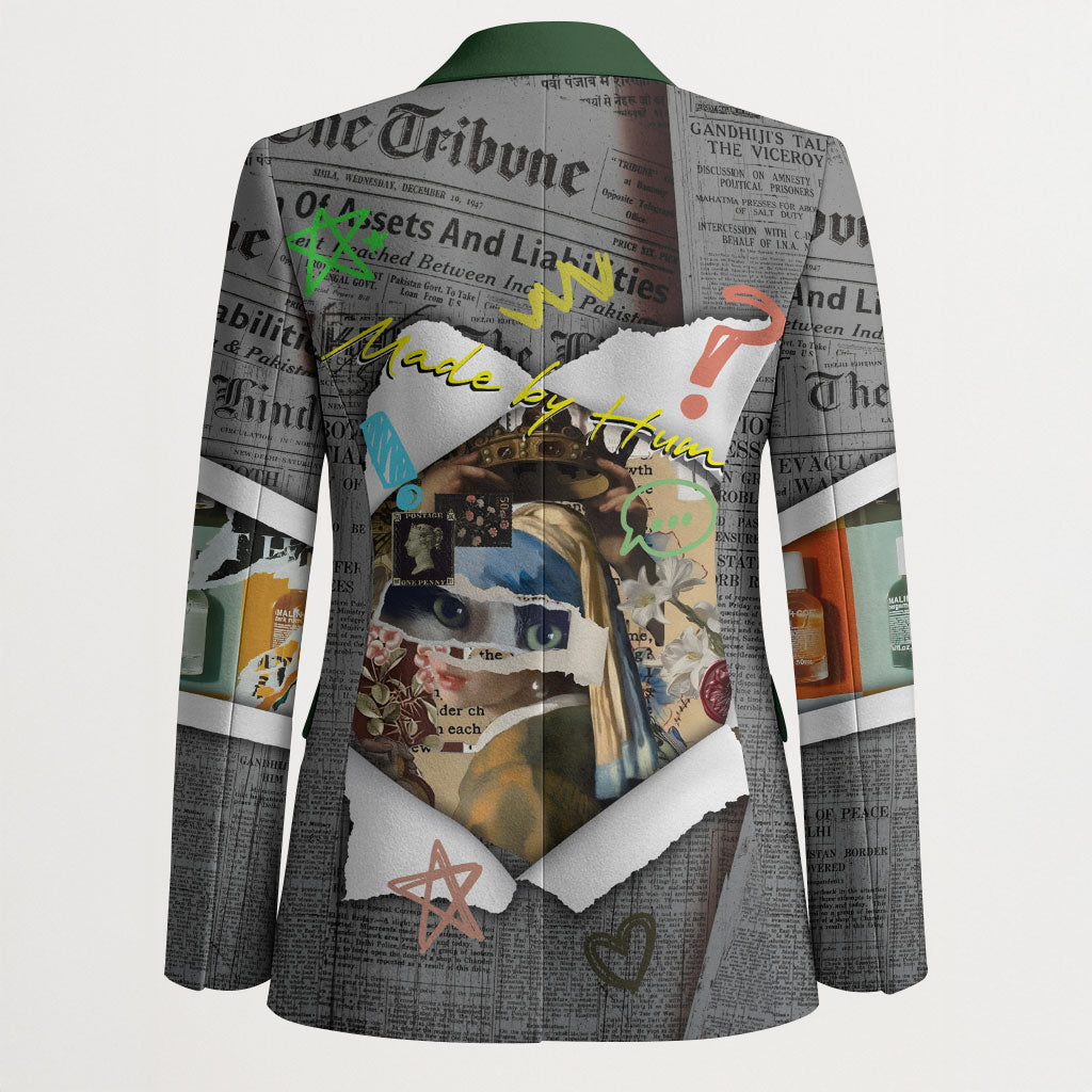 Cat Girl With A Pearl Earring Newspaper Blazer Made By Human Handmade Mixed Media Pop Art