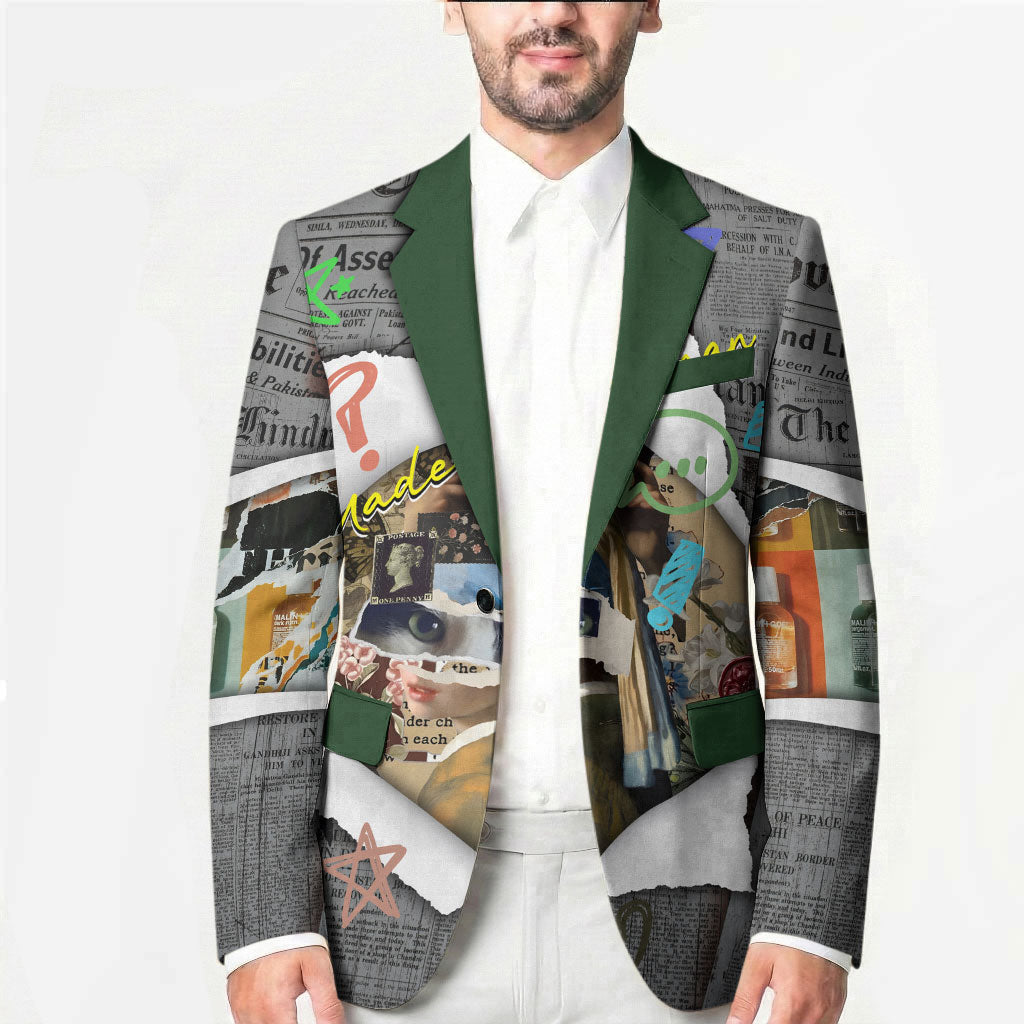 Cat Girl With A Pearl Earring Newspaper Blazer Made By Human Handmade Mixed Media Pop Art