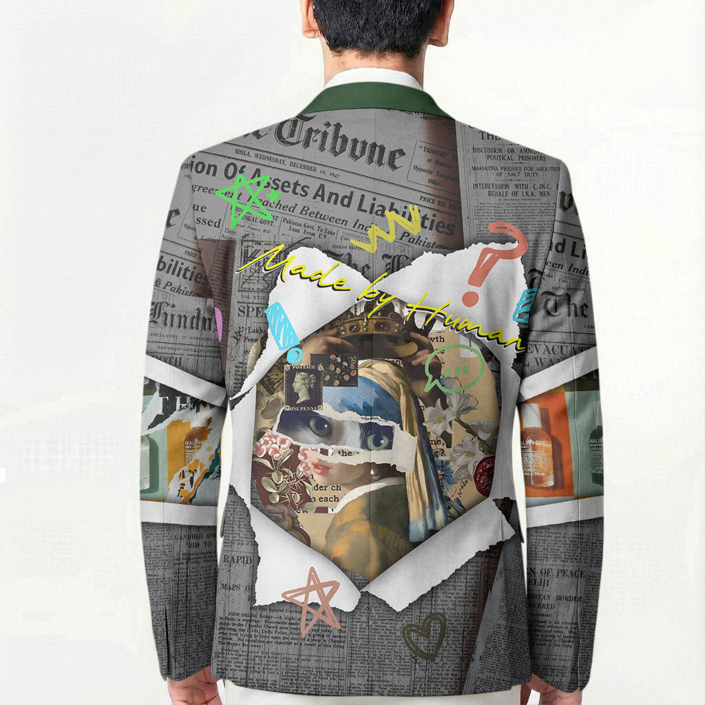 Cat Girl With A Pearl Earring Newspaper Blazer Made By Human Handmade Mixed Media Pop Art