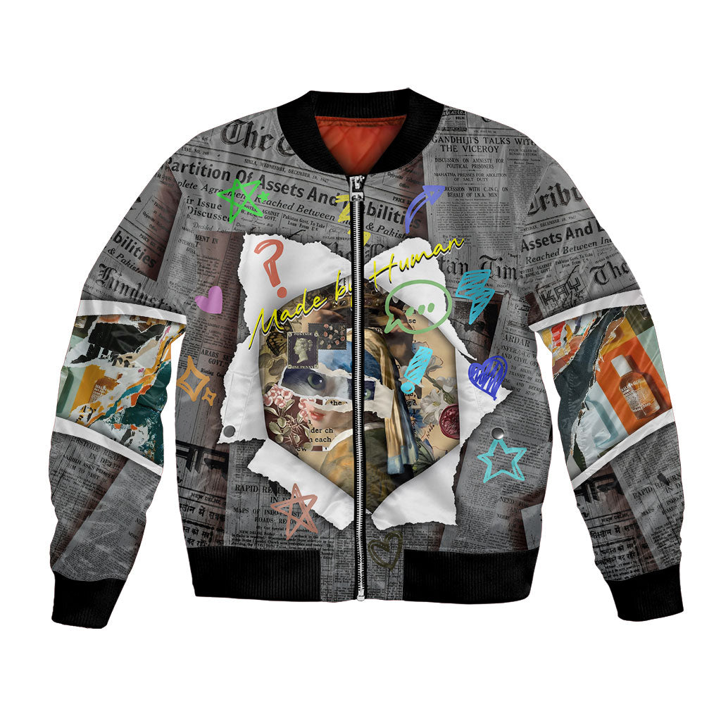 Cat Girl With A Pearl Earring Newspaper Bomber Jacket Made By Human Handmade Mixed Media Pop Art