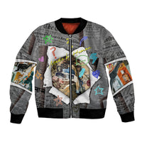 Cat Girl With A Pearl Earring Newspaper Bomber Jacket Made By Human Handmade Mixed Media Pop Art
