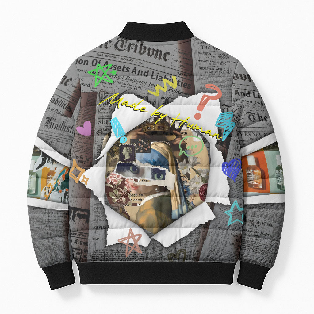 Cat Girl With A Pearl Earring Newspaper Bomber Puffer Jacket Made By Human Handmade Mixed Media Pop Art