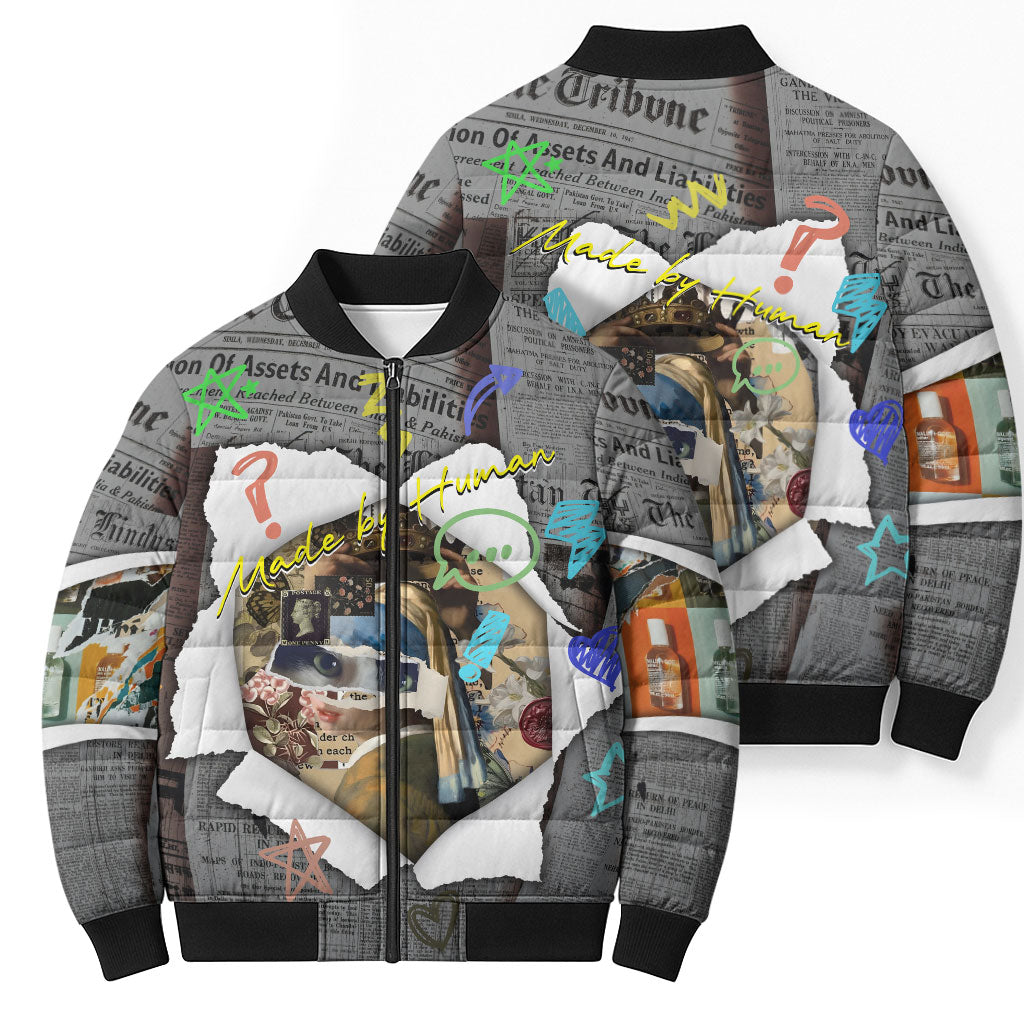 Cat Girl With A Pearl Earring Newspaper Bomber Puffer Jacket Made By Human Handmade Mixed Media Pop Art