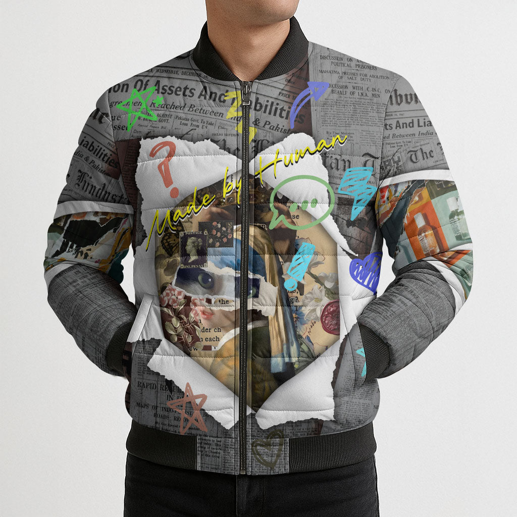 Cat Girl With A Pearl Earring Newspaper Bomber Puffer Jacket Made By Human Handmade Mixed Media Pop Art