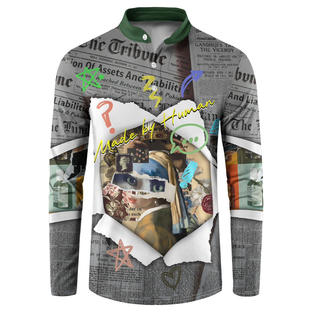 Cat Girl With A Pearl Earring Newspaper Button Sweatshirt Made By Human Handmade Mixed Media Pop Art