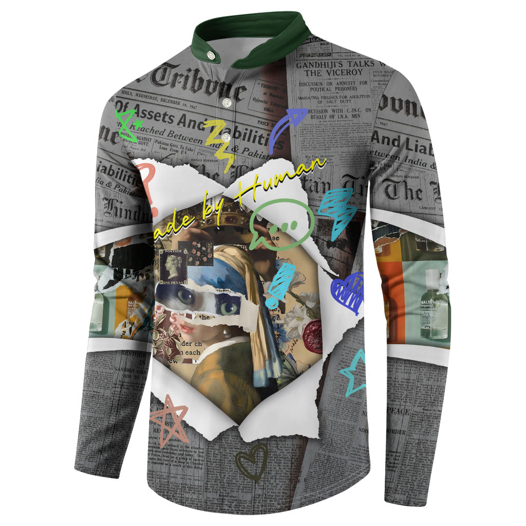 Cat Girl With A Pearl Earring Newspaper Button Sweatshirt Made By Human Handmade Mixed Media Pop Art