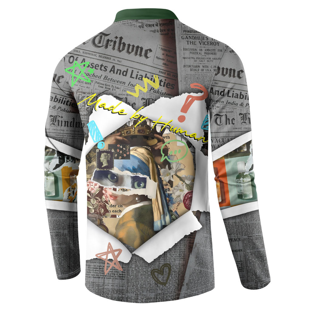 Cat Girl With A Pearl Earring Newspaper Button Sweatshirt Made By Human Handmade Mixed Media Pop Art