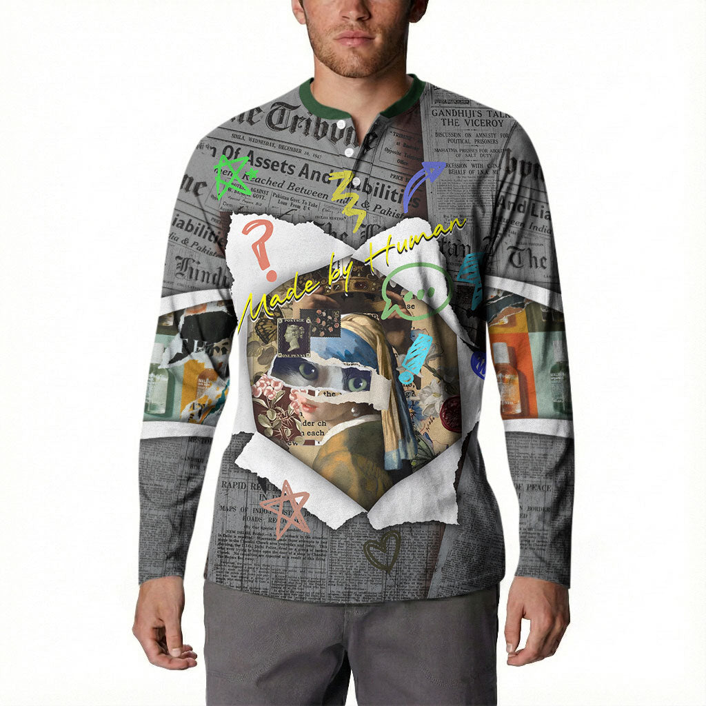 Cat Girl With A Pearl Earring Newspaper Button Sweatshirt Made By Human Handmade Mixed Media Pop Art
