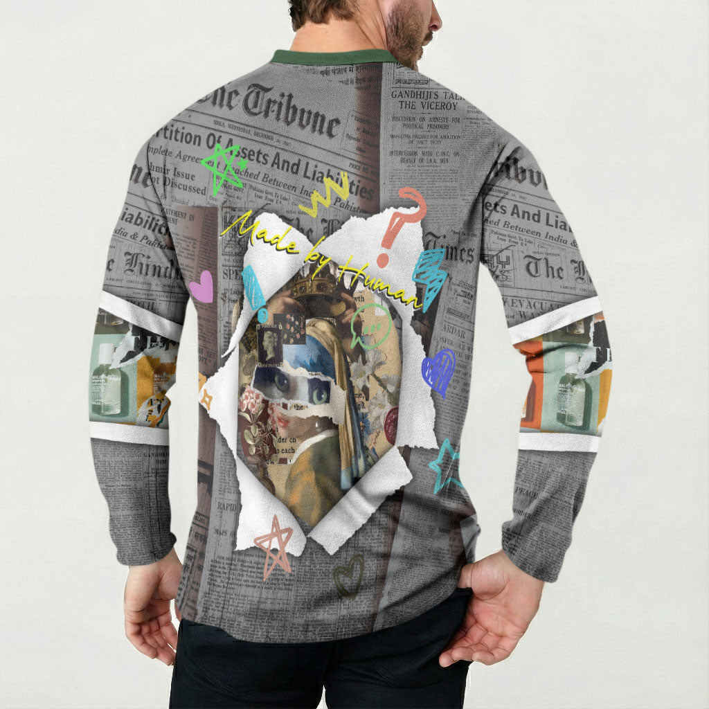 Cat Girl With A Pearl Earring Newspaper Button Sweatshirt Made By Human Handmade Mixed Media Pop Art