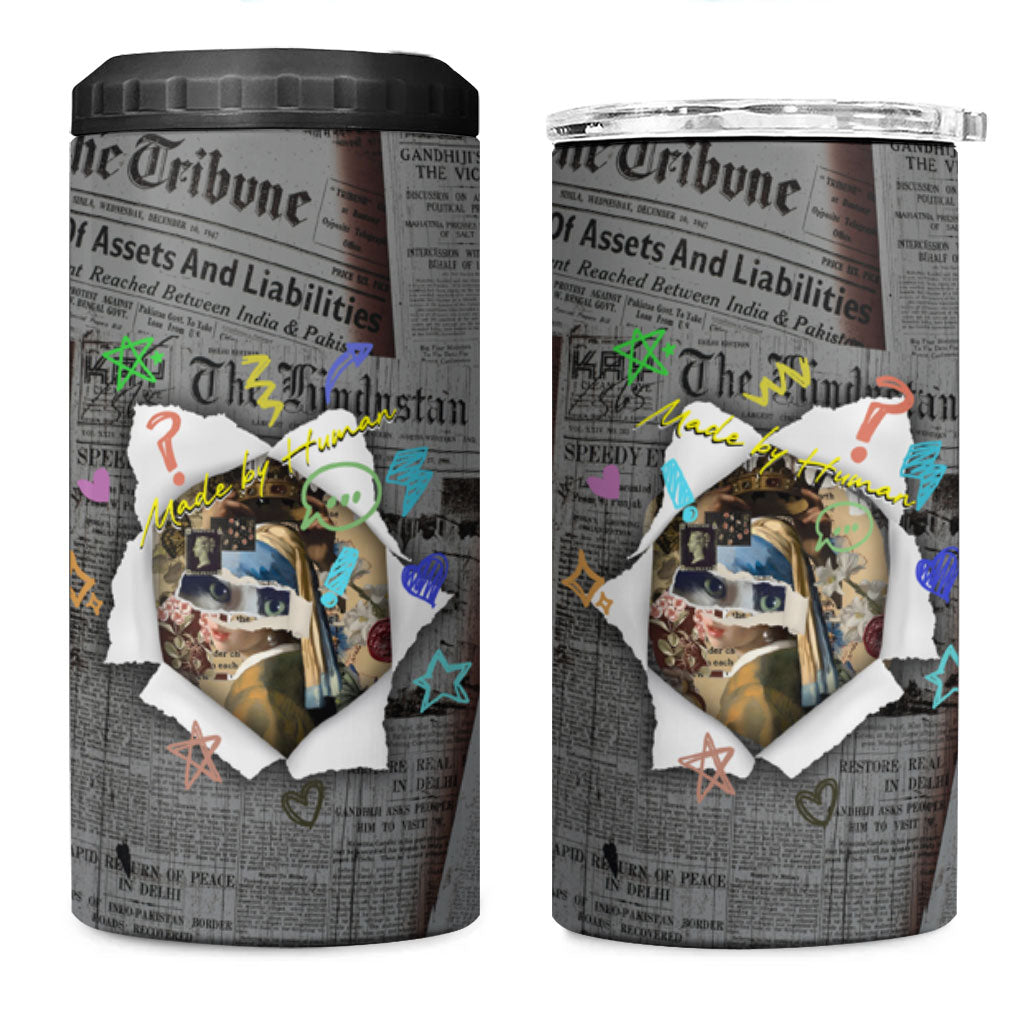 Cat Girl With A Pearl Earring Newspaper 4 in 1 Can Cooler Tumbler Made By Human Handmade Mixed Media Pop Art