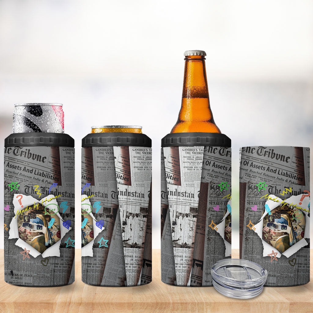 Cat Girl With A Pearl Earring Newspaper 4 in 1 Can Cooler Tumbler Made By Human Handmade Mixed Media Pop Art