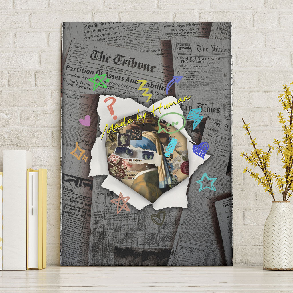 Cat Girl With A Pearl Earring Newspaper Canvas Wall Art Made By Human Handmade Mixed Media Pop Art