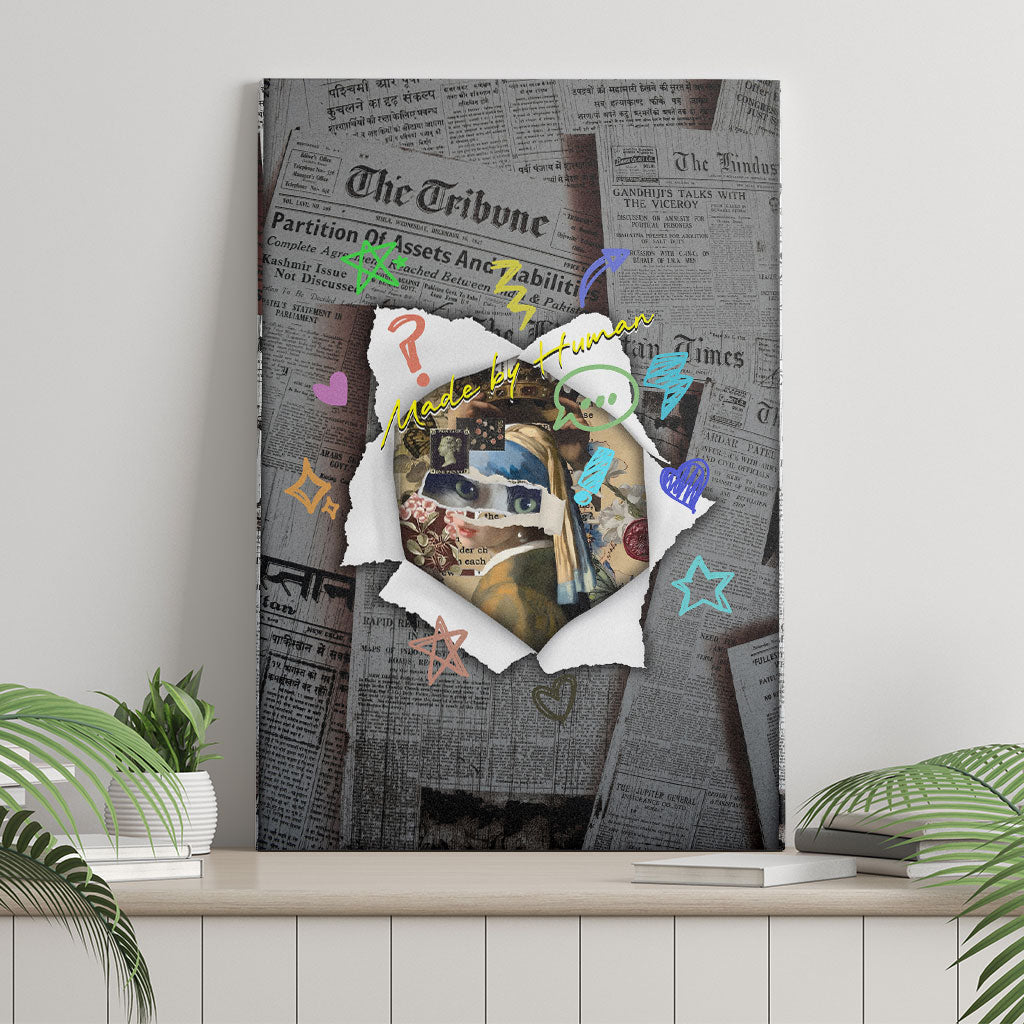 Cat Girl With A Pearl Earring Newspaper Canvas Wall Art Made By Human Handmade Mixed Media Pop Art