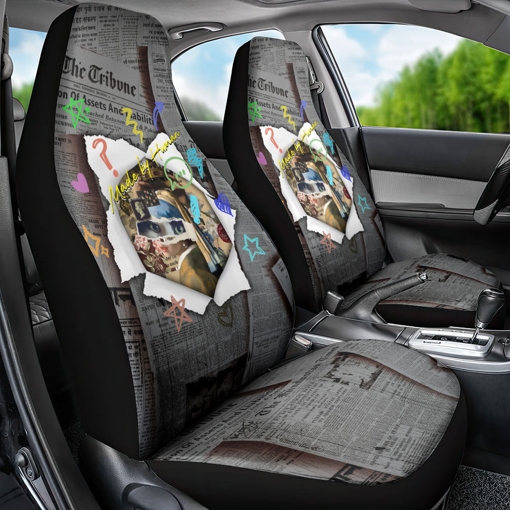 Cat Girl With A Pearl Earring Newspaper Car Seat Cover Made By Human Handmade Mixed Media Pop Art