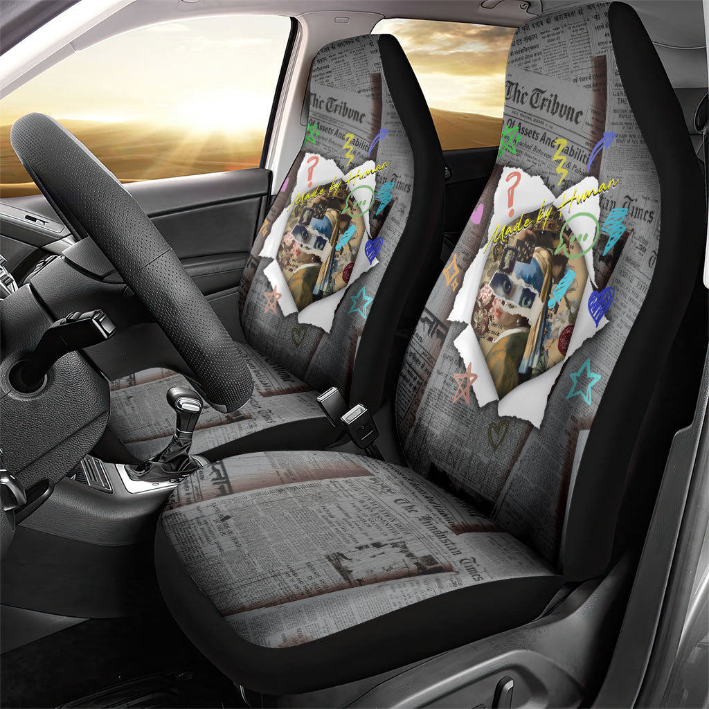 Cat Girl With A Pearl Earring Newspaper Car Seat Cover Made By Human Handmade Mixed Media Pop Art