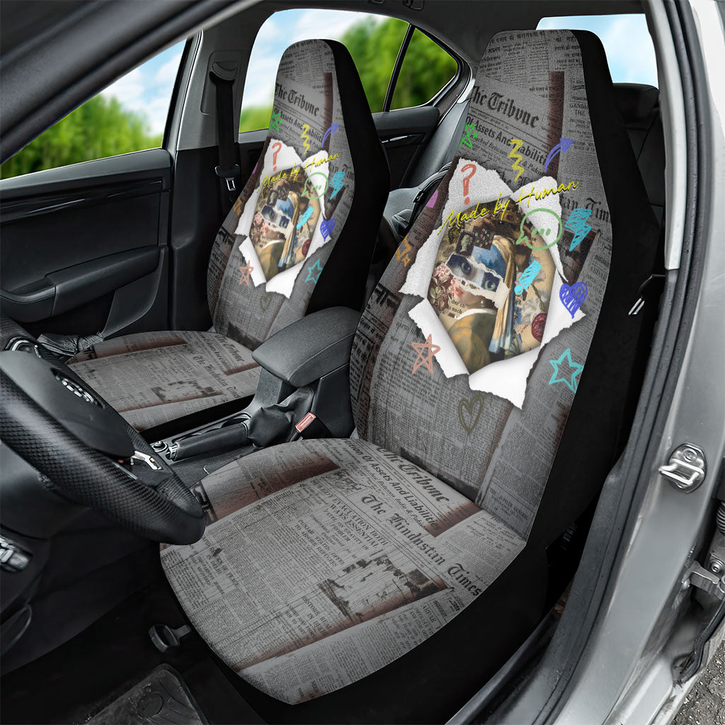 Cat Girl With A Pearl Earring Newspaper Car Seat Cover Made By Human Handmade Mixed Media Pop Art