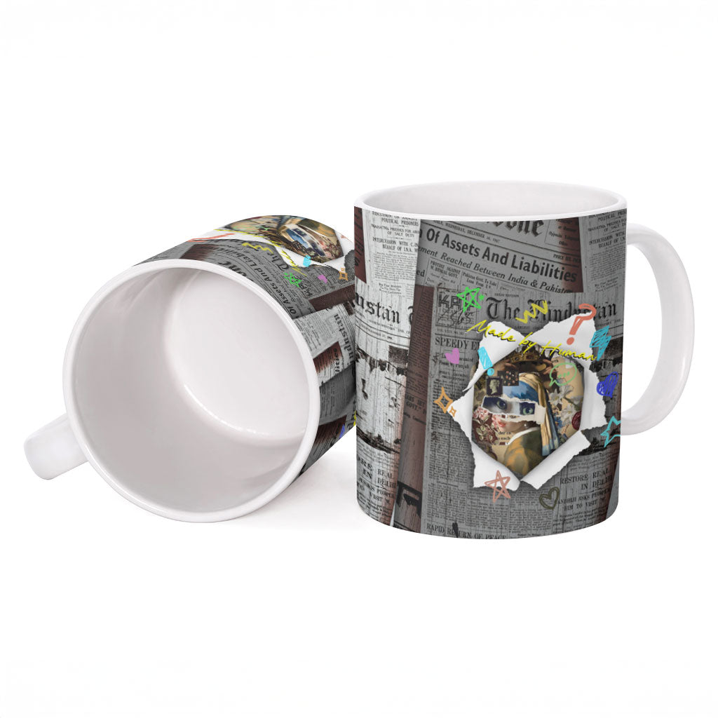 Cat Girl With A Pearl Earring Newspaper Ceramic Mug Made By Human Handmade Mixed Media Pop Art