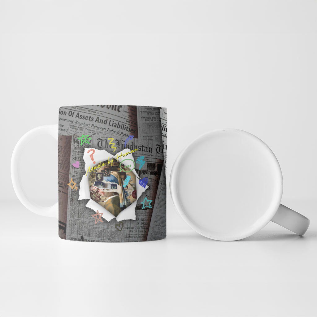Cat Girl With A Pearl Earring Newspaper Ceramic Mug Made By Human Handmade Mixed Media Pop Art
