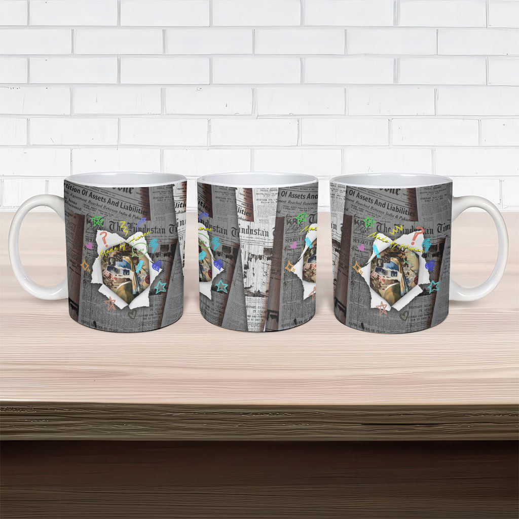 Cat Girl With A Pearl Earring Newspaper Ceramic Mug Made By Human Handmade Mixed Media Pop Art
