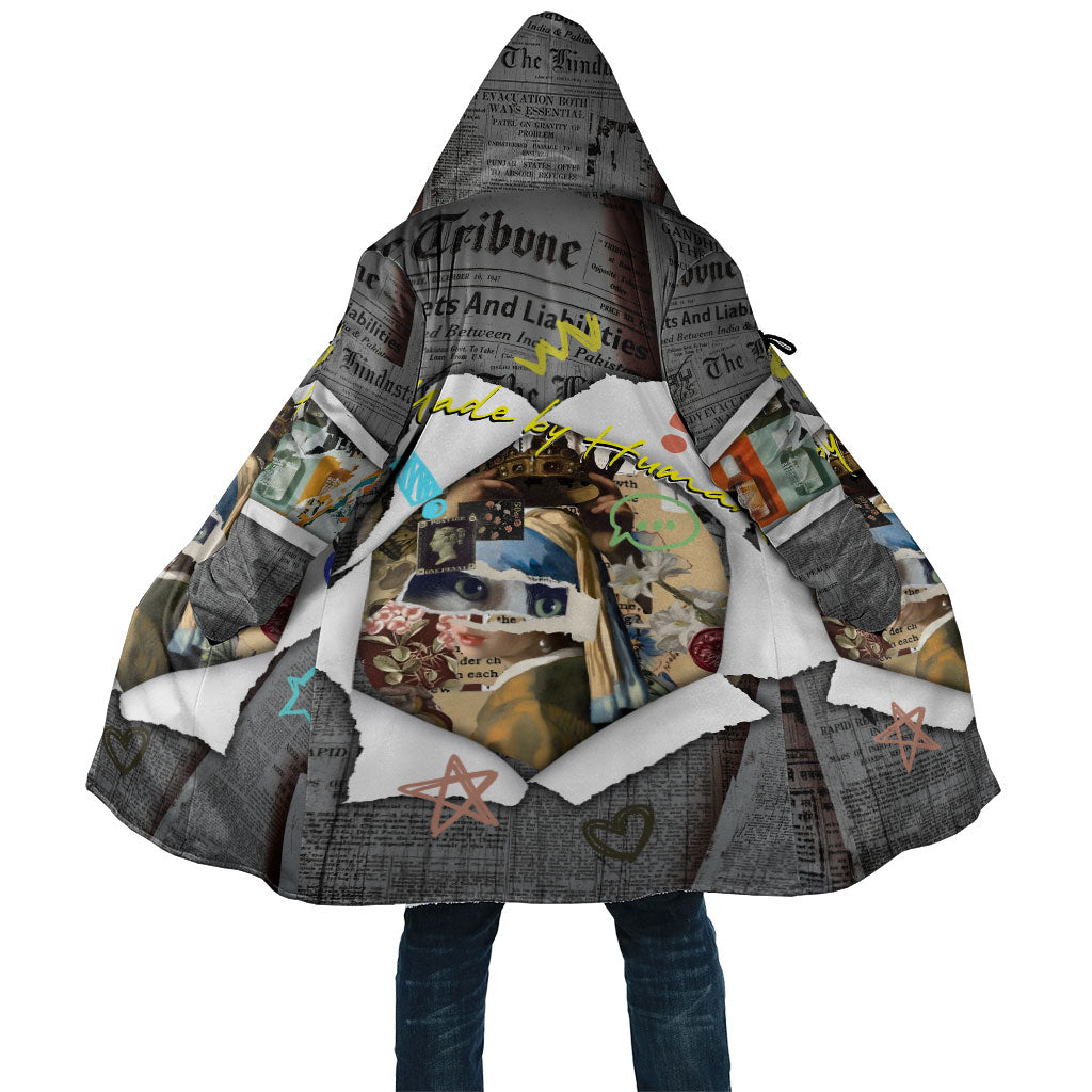 Cat Girl With A Pearl Earring Newspaper Cloak Made By Human Handmade Mixed Media Pop Art