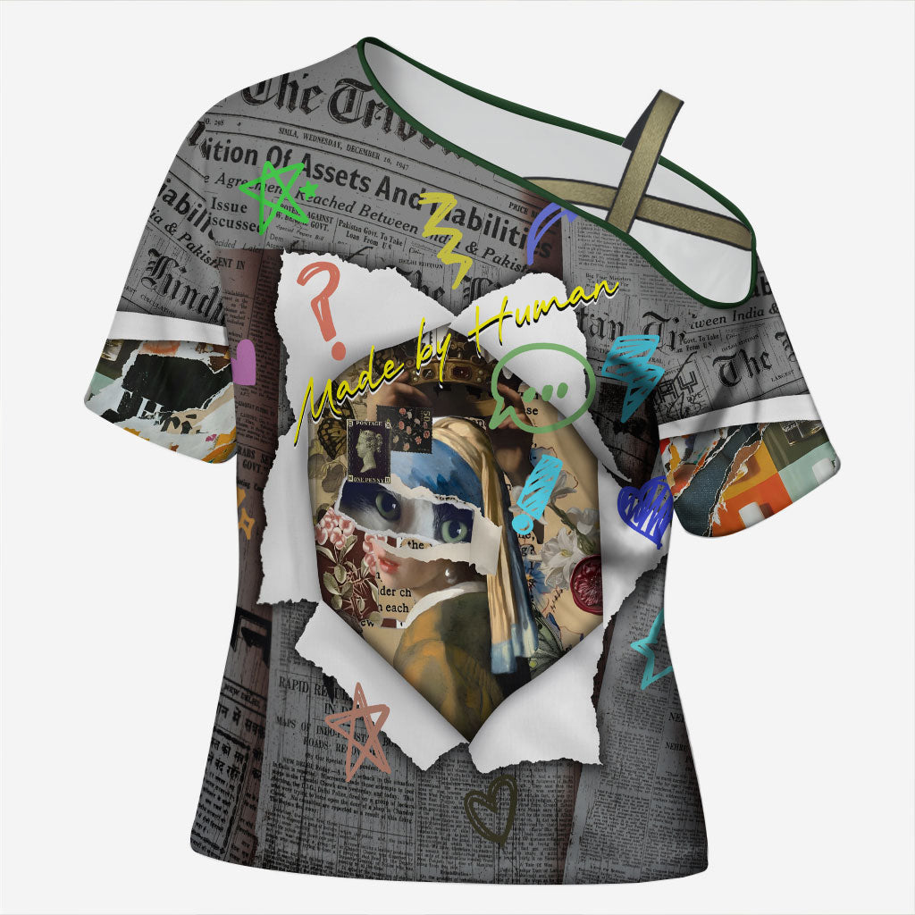 Cat Girl With A Pearl Earring Newspaper Cross Shoulder Shirt Made By Human Handmade Mixed Media Pop Art