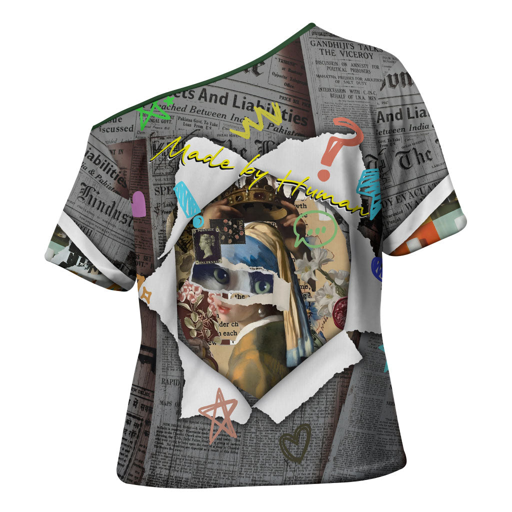 Cat Girl With A Pearl Earring Newspaper Cross Shoulder Shirt Made By Human Handmade Mixed Media Pop Art