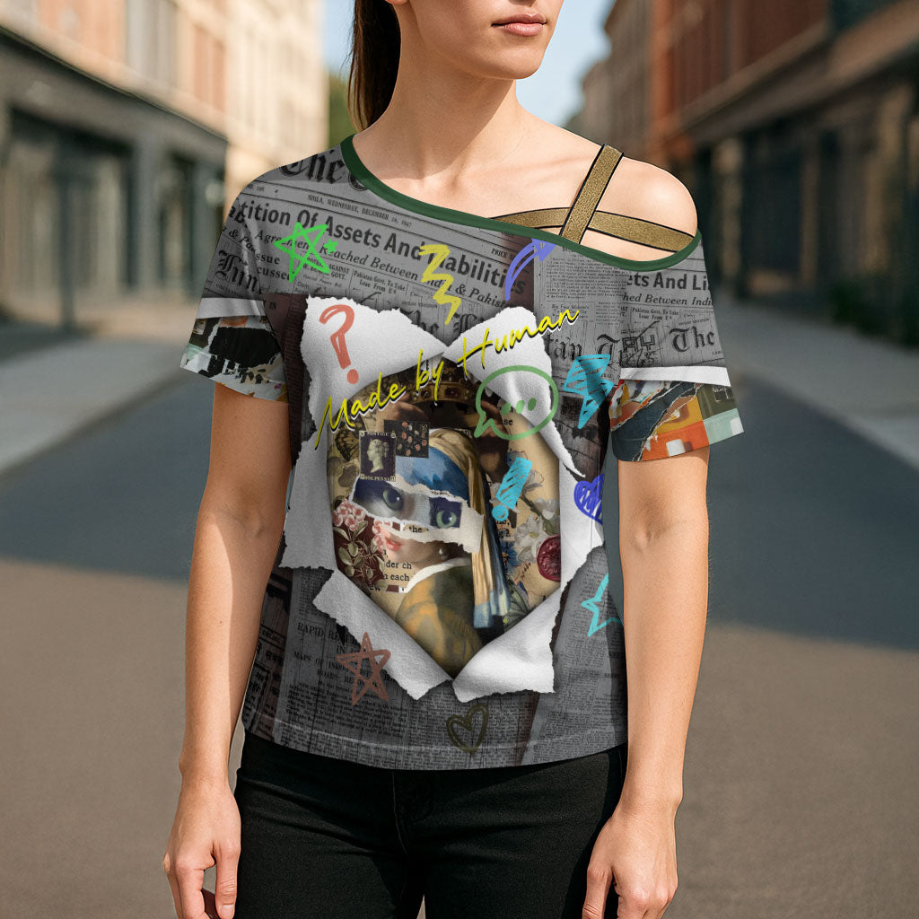 Cat Girl With A Pearl Earring Newspaper Cross Shoulder Shirt Made By Human Handmade Mixed Media Pop Art