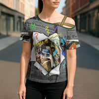 Cat Girl With A Pearl Earring Newspaper Cross Shoulder Shirt Made By Human Handmade Mixed Media Pop Art