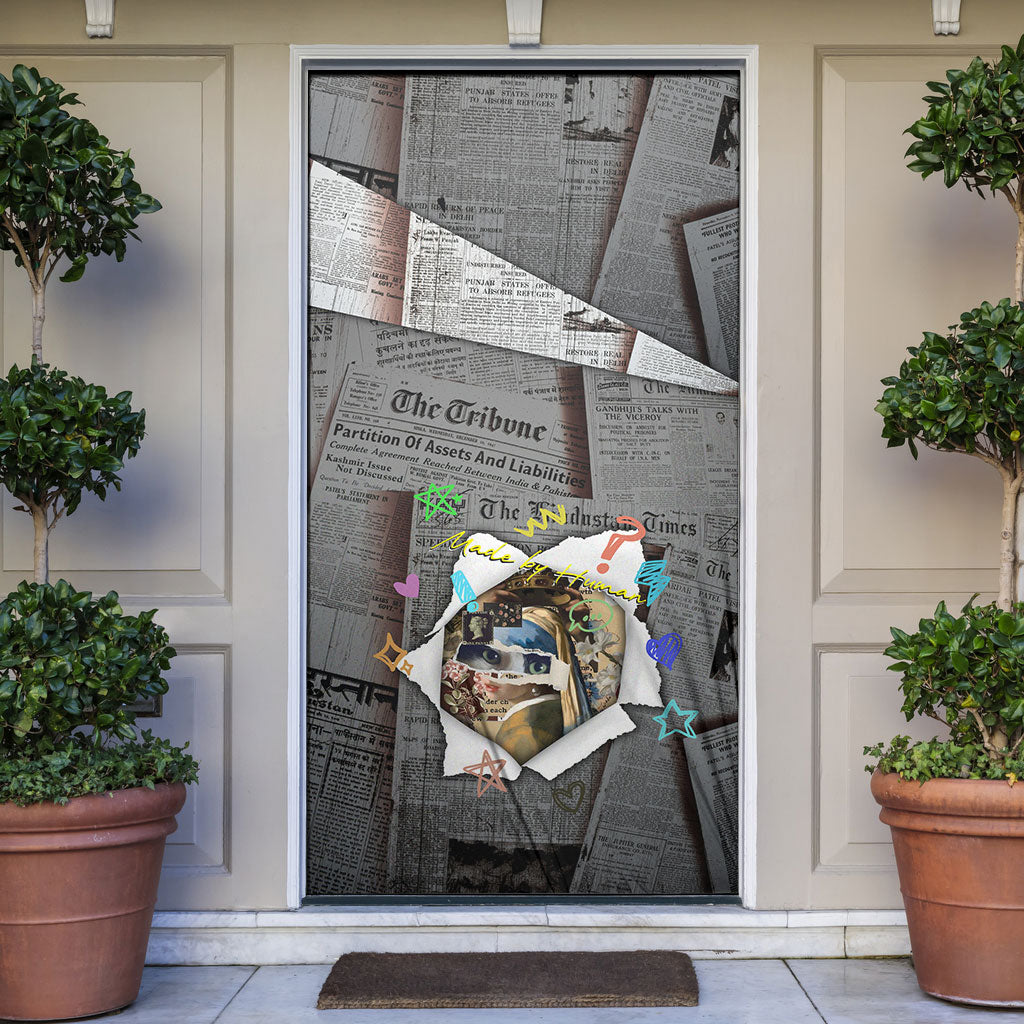 Cat Girl With A Pearl Earring Newspaper Door Cover Made By Human Handmade Mixed Media Pop Art
