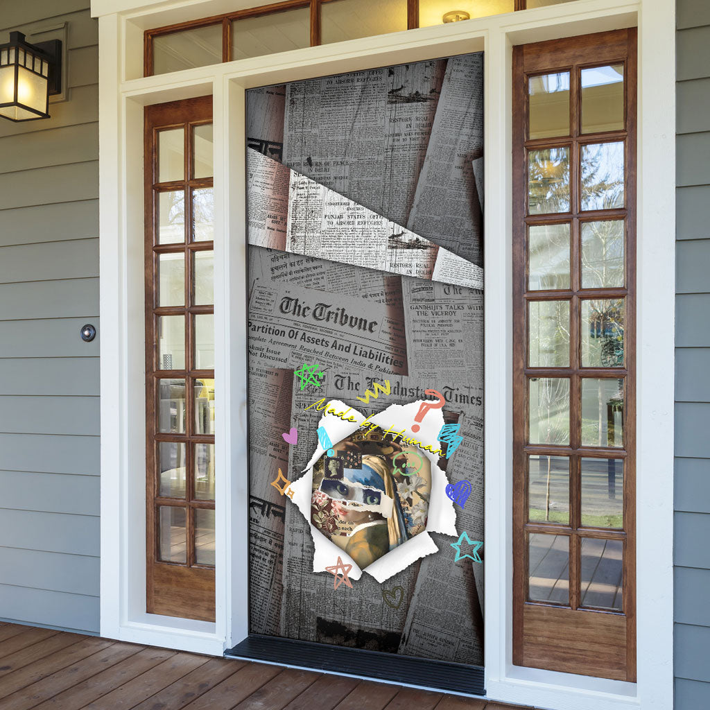 Cat Girl With A Pearl Earring Newspaper Door Cover Made By Human Handmade Mixed Media Pop Art