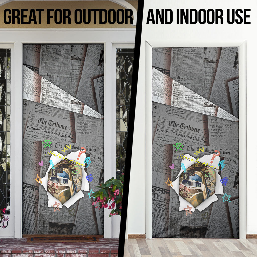 Cat Girl With A Pearl Earring Newspaper Door Cover Made By Human Handmade Mixed Media Pop Art