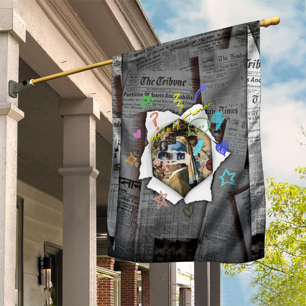 Cat Girl With A Pearl Earring Newspaper Garden Flag Made By Human Handmade Mixed Media Pop Art