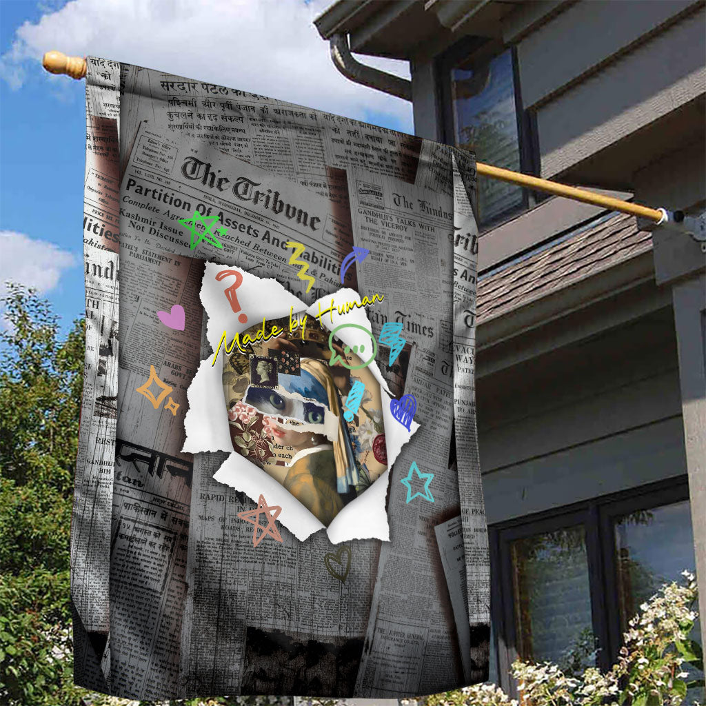 Cat Girl With A Pearl Earring Newspaper Garden Flag Made By Human Handmade Mixed Media Pop Art